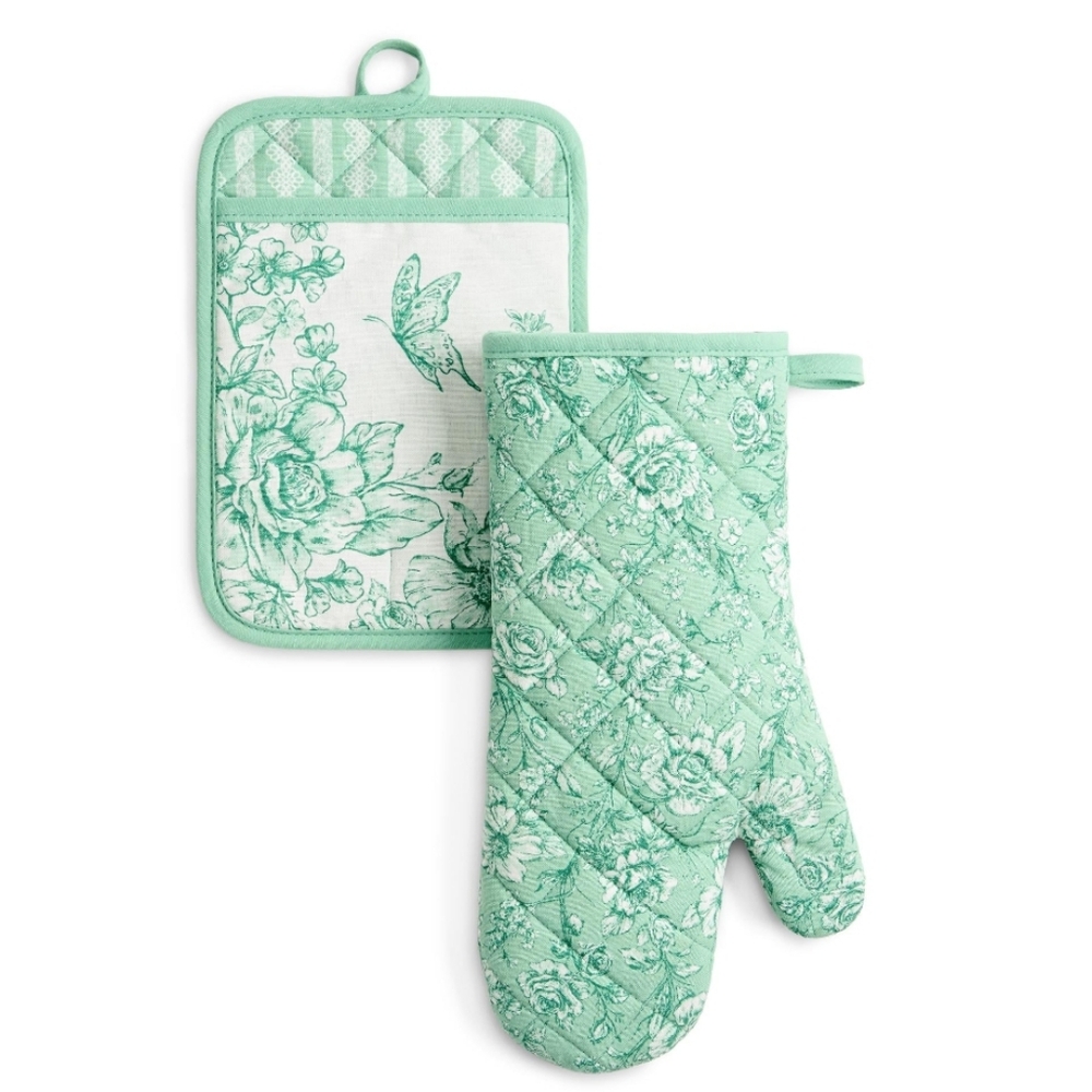 💜 The Pioneer Woman Agatha Green Kitchen Pot Holder And Oven Mitt Set